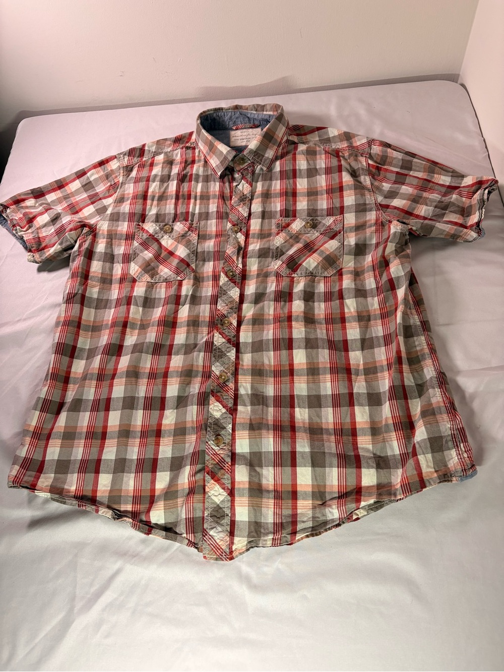 Weatherproof Men's Short-Sleeve Plaid Button-Down Shirt - Red, Tan & Gray
